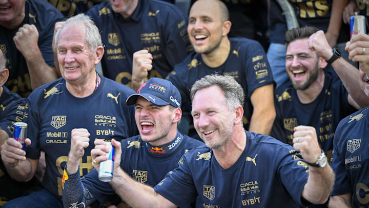 Oct 23, 2022; Austin, Texas, USA; (from left) Red Bull racing advisor Helmut Marko and Red Bull Racing Limited driver Max Verstappen (1) of Team Netherlands and Team Principal Christian Horner celebrate winning the U.S. Grand Prix F1 race and Constructors Championship at Circuit of the Americas. Mandatory Credit: Jerome Miron-USA TODAY Sports Oct 23, 2022; Austin, Texas, USA; (from left) Red Bull racing advisor Helmut Marko and Red Bull Racing Limited driver Max Verstappen (1) of Team Netherlands and Team Principal Christian Horner celebrate winning the U.S. Grand Prix F1 race and Constructors Championship at Circuit of the Americas. Mandatory Credit: Jerome Miron-USA TODAY Sports