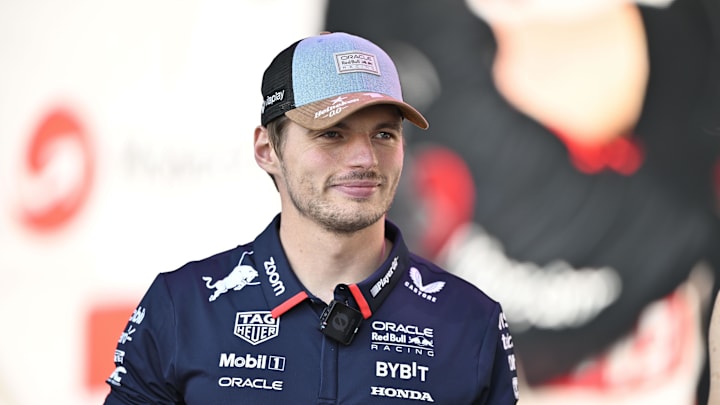 Oct 19, 2024; Austin, Texas, USA; Oracle Red Bull Racing driver Max Verstappen (1) of Team Netherlands smiles to the crowd during a fan forum before the Sprint Race in the 2024 Formula One US Grand Prix at Circuit of the Americas. Mandatory Credit: Jerome Miron-Imagn Images