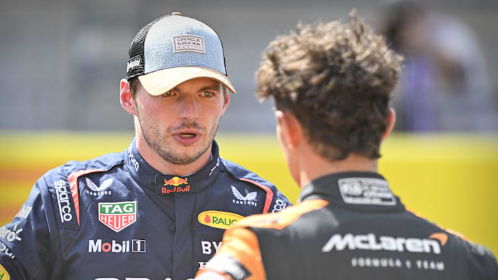 Oct 19, 2024; Austin, Texas, USA; Oracle Red Bull Racing driver Max Verstappen (left) talks with Formula 1 Team driver Lando Norris (right) of Team Great Britain after the Sprint Race in the 2024 Formula One US Grand Prix at Circuit of the Americas. Mandatory Credit: Jerome Miron-Imagn Images