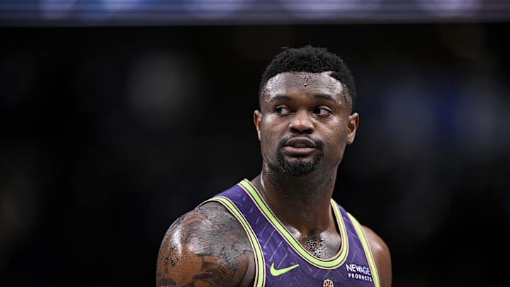 Feb 21, 2025; Dallas, Texas, USA; New Orleans Pelicans forward Zion Williamson (1) looks on during the second quarter against the Dallas Mavericks at the American Airlines Center. Feb 21, 2025; Dallas, Texas, USA; New Orleans Pelicans forward Zion Williamson (1) looks on during the second quarter against the Dallas Mavericks at the American Airlines Center.