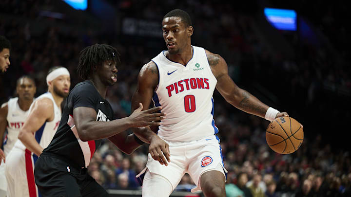 Dec 22, 2025; Portland, Oregon, USA; Detroit Pistons center Jalen Duren (0) dribbles the ball during the second half against Portland Trail Blazers guard Sidy Cissoko (91) at Moda Center. Dec 22, 2025; Portland, Oregon, USA; Detroit Pistons center Jalen Duren (0) dribbles the ball during the second half against Portland Trail Blazers guard Sidy Cissoko (91) at Moda Center.
