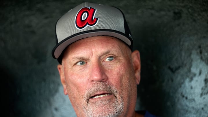 Atlanta Braves manager Brian Snitker (43) talks to the media in the dugout before the game between the San Francisco Giants and the Atlanta Braves at Oracle Park on June 6. Atlanta Braves manager Brian Snitker (43) talks to the media in the dugout before the game between the San Francisco Giants and the Atlanta Braves at Oracle Park on June 6.