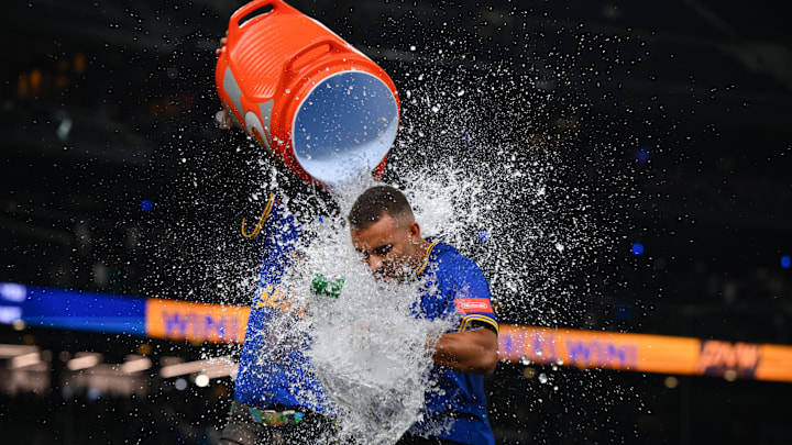 Sep 11, 2025; Seattle, Washington, USA; Seattle Mariners shortstop J.P. Crawford (3) dunks the water jug on pinch hitter Harry Ford (5) after the Mariners defeated the Los Angeles Angels at T-Mobile Park. Mandatory Credit: Steven Bisig-Imagn Images Sep 11, 2025; Seattle, Washington, USA; Seattle Mariners shortstop J.P. Crawford (3) dunks the water jug on pinch hitter Harry Ford (5) after the Mariners defeated the Los Angeles Angels at T-Mobile Park. Mandatory Credit: Steven Bisig-Imagn Images