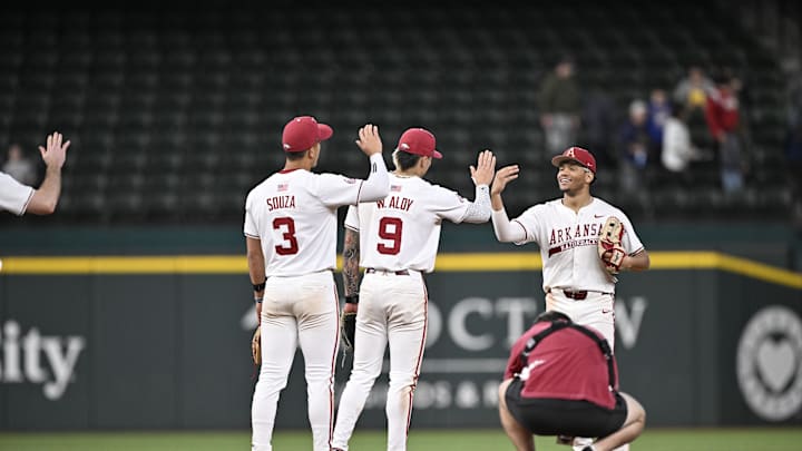 Feb 23, 2025; Arlington, TX, USA; The Michigan Wolverines play the Arkansas Razorbacks during the Amegy Bank College Baseball Series presented by Kubota Weekend 2 at Globe Life Field. Mandatory Credit: Jerome Miron-Imagn Images