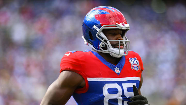 Sep 8, 2024; East Rutherford, New Jersey, USA; New York Giants tight end Chris Manhertz (85) during the second half against the Minnesota Vikings at MetLife Stadium. Sep 8, 2024; East Rutherford, New Jersey, USA; New York Giants tight end Chris Manhertz (85) during the second half against the Minnesota Vikings at MetLife Stadium.