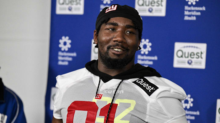 May 9, 2025; East Rutherford, NJ, USA; New York Giants defensive tackle Darius Alexander (91) speaks to members of the press after rookie minicamp at Quest Diagnostics Training Center. May 9, 2025; East Rutherford, NJ, USA; New York Giants defensive tackle Darius Alexander (91) speaks to members of the press after rookie minicamp at Quest Diagnostics Training Center.