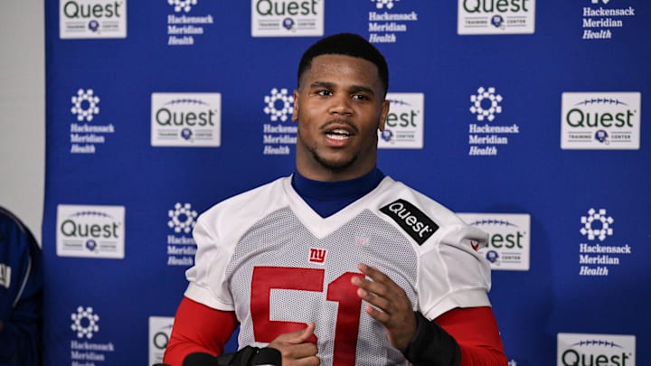 May 9, 2025; East Rutherford, NJ, USA; New York Giants linebacker Abdul Carter (51) speaks to members of the press after rookie minicamp at Quest Diagnostics Training Center. Mandatory Credit: John Jones-Imagn Images