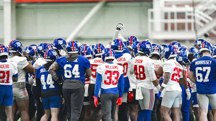 Jun 18, 2025; East Rutherford, NJ, USA; New York Giants huddle during minicamp at Quest Diagnostics Training Center. Jun 18, 2025; East Rutherford, NJ, USA; New York Giants huddle during minicamp at Quest Diagnostics Training Center.
