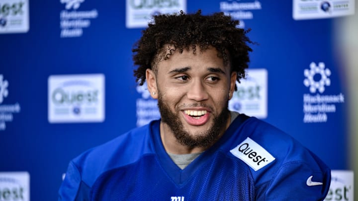May 10, 2025; East Rutherford, NJ, USA; New York Giants offensive lineman Marcus Mbow (71) speaks during a press conference after rookie minicamp at Quest Diagnostics Training Center.  