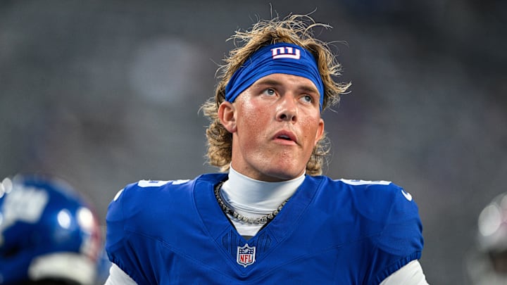 New York Giants quarterback Jaxson Dart (6) warms up before the game against the New England Patriots at MetLife Stadium.  