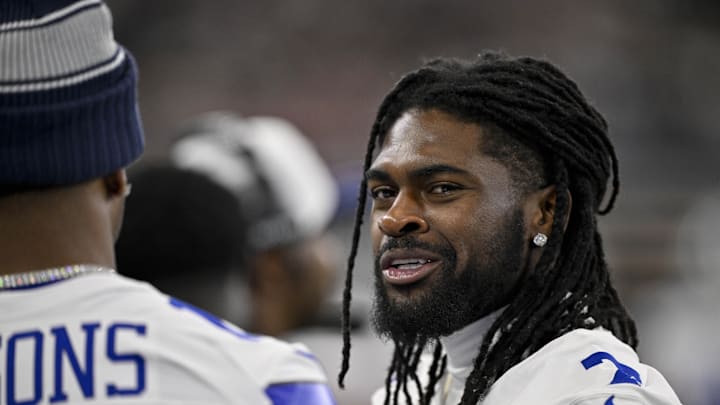 Aug 16, 2025; Arlington, Texas, USA; Dallas Cowboys cornerback Trevon Diggs (7) looks on before the game between the Dallas Cowboys and the Baltimore Ravens at AT&T Stadium.  