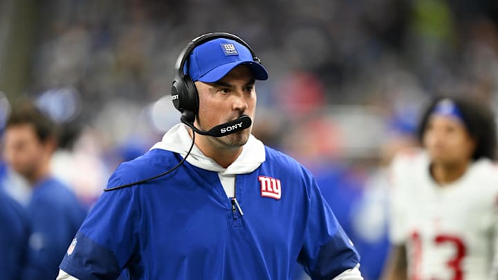 Nov 23, 2025; Detroit, Michigan, USA; New York Giants interim head coach Mike Kafka looks on during the third quarter against the Detroit Lions at  Ford Field. 