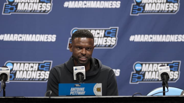Mar 18, 2026; Portland, OR, USA; Kennesaw State Owls head coach Antoine Pettway answers questions during a press conference before a practice session ahead of the first round of the men's 2026 NCAA Tournament at Moda Center. Mar 18, 2026; Portland, OR, USA; Kennesaw State Owls head coach Antoine Pettway answers questions during a press conference before a practice session ahead of the first round of the men's 2026 NCAA Tournament at Moda Center.