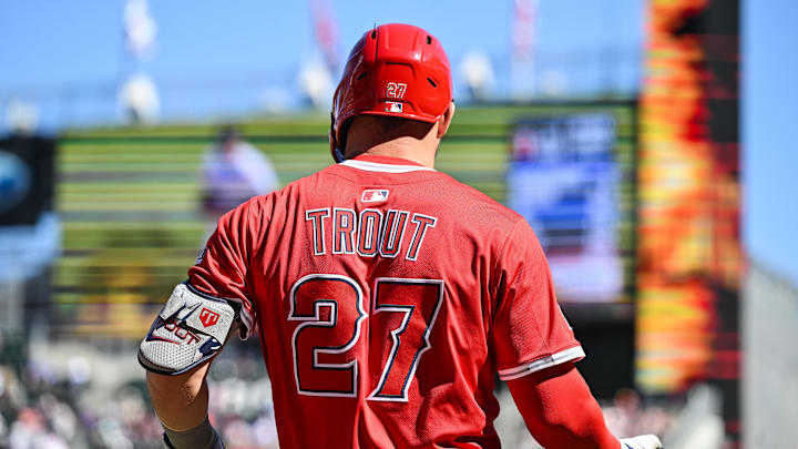 Apr 26, 2025; Minneapolis, Minnesota, USA; Los Angeles Angels outfielder Mike Trout (27) looks on before his at bat during the ninth inning against the Minnesota Twins at Target Field. Mandatory Credit: Jeffrey Becker-Imagn Images Apr 26, 2025; Minneapolis, Minnesota, USA; Los Angeles Angels outfielder Mike Trout (27) looks on before his at bat during the ninth inning against the Minnesota Twins at Target Field. Mandatory Credit: Jeffrey Becker-Imagn Images