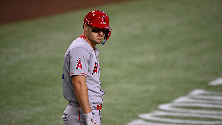 Apr 15, 2025; Arlington, Texas, USA; Los Angeles Angels right fielder Mike Trout looks on during the fourth inning against the Texas Rangers at Globe Life Field. All MLB players will be wearing the number 42 on Jackie Robinson Day to commemorate Robinson making his major league debut in 1947. Mandatory Credit: Jerome Miron-Imagn Images
