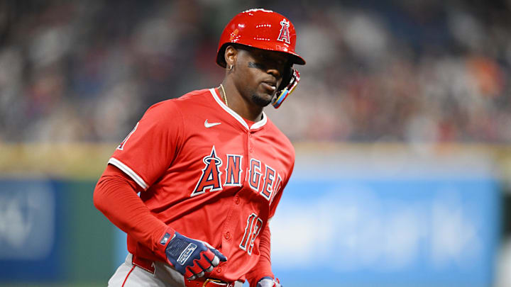 May 30, 2025; Cleveland, Ohio, USA; Los Angeles Angels right fielder Jorge Soler (12) rounds the bases after hitting a home run during the ninth inning against the Cleveland Guardians at Progressive Field. Mandatory Credit: Ken Blaze-Imagn Images