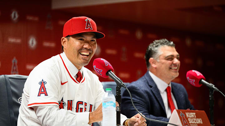 Oct 22, 2025; Los Angeles, CA, USA; Los Angeles Angels manager Kurt Suzuki speaks during a press conference at Angel Stadium. Mandatory Credit: William Liang-Imagn Images Oct 22, 2025; Los Angeles, CA, USA; Los Angeles Angels manager Kurt Suzuki speaks during a press conference at Angel Stadium. Mandatory Credit: William Liang-Imagn Images