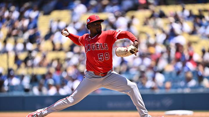 Jun 7, 2026; Los Angeles, California, USA; Los Angeles Angels pitcher José Soriano (59) throws to the plate against the Los Angeles Dodgers during the first inning at Dodger Stadium. Mandatory Credit: William Liang-Imagn Images Jun 7, 2026; Los Angeles, California, USA; Los Angeles Angels pitcher José Soriano (59) throws to the plate against the Los Angeles Dodgers during the first inning at Dodger Stadium. Mandatory Credit: William Liang-Imagn Images
