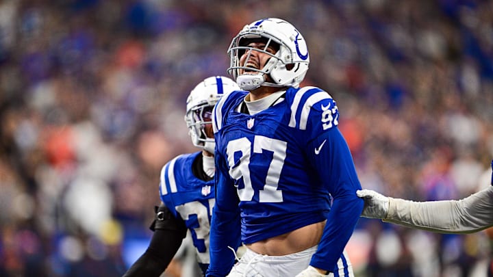 Sep 22, 2024; Indianapolis, Indiana, USA; Indianapolis Colts defensive end Laiatu Latu (97) celebrates a sack during the second half against the Chicago Bears at Lucas Oil Stadium. Mandatory Credit: Marc Lebryk-Imagn Images
Sep 22, 2024; Indianapolis, Indiana, USA; Indianapolis Colts defensive end Laiatu Latu (97) celebrates a sack during the second half against the Chicago Bears at Lucas Oil Stadium. Mandatory Credit: Marc Lebryk-Imagn Images