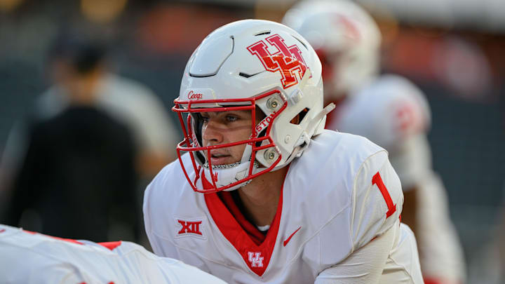 Sep 26, 2025; Corvallis, Oregon, USA; Houston Cougars quarterback Conner Weigman (1) warms up before the game against the Oregon State Beavers at Reser Stadium. Mandatory Credit: Craig Strobeck-Imagn Images
