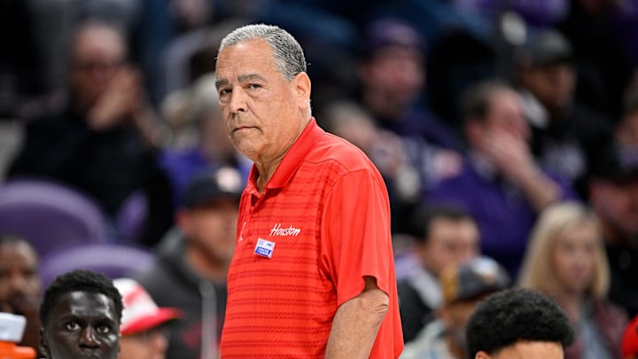 Jan 28, 2026; Fort Worth, Texas, USA; Houston Cougars head coach Kelvin Sampson looks on during the first half against the TCU Horned Frogs at Ed and Rae Schollmaier Arena. Mandatory Credit: Jerome Miron-Imagn Images