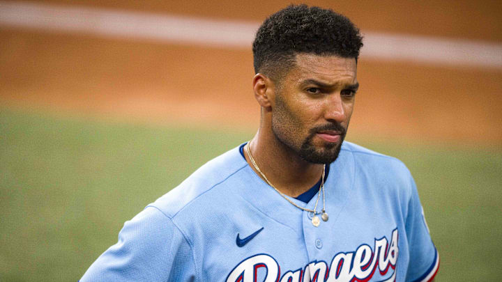 Sep 10, 2023; Arlington, Texas, USA; Texas Rangers second baseman Marcus Semien (2) is interviewed after the Rangers victory over the Oakland Athletics at Globe Life Field. Mandatory Credit: Jerome Miron-Imagn Images