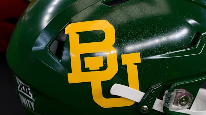 Jul 14, 2022; Arlington, TX, USA; A view of the Baylor Bears helmet logo during the Big 12 Media Day at AT&T Stadium. Mandatory Credit: Jerome Miron-Imagn Images