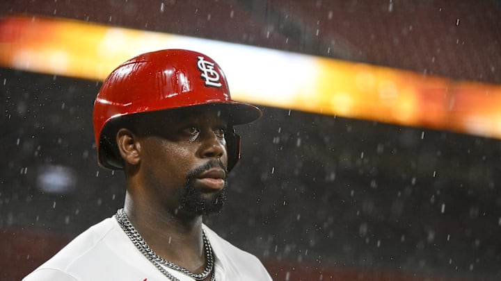 May 19, 2025; St. Louis, Missouri, USA;  St. Louis Cardinals right fielder Jordan Walker (18) looks on from the on deck circle as rain falls during the eighth inning against the Detroit Tigers at Busch Stadium. Mandatory Credit: Jeff Curry-Imagn Images