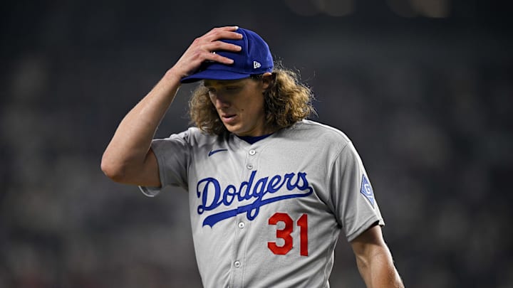 Apr 20, 2025; Arlington, Texas, USA; Los Angeles Dodgers starting pitcher Tyler Glasnow (31) comes off the field after he pitches against the Texas Rangers during the first inning at Globe Life Field. Mandatory Credit: Jerome Miron-Imagn Images