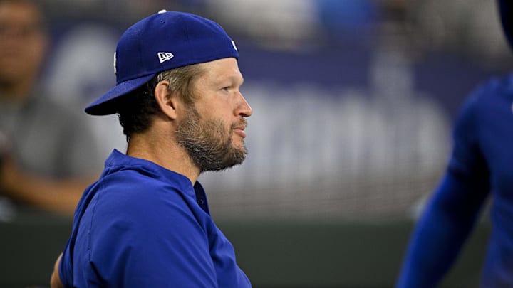 Apr 20, 2025; Arlington, Texas, USA; Los Angeles Dodgers pitcher Clayton Kershaw looks during the game between the Texas Rangers and the Los Angeles Dodgers at Globe Life Field. Mandatory Credit: Jerome Miron-Imagn Images