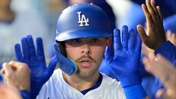 May 15, 2025; Los Angeles, California, USA; Los Angeles Dodgers catcher Dalton Rushing (68) celebrates after scoring a run against the Athletics during the second inning of the game at Dodger Stadium. Mandatory Credit: Jayne Kamin-Oncea-Imagn Images