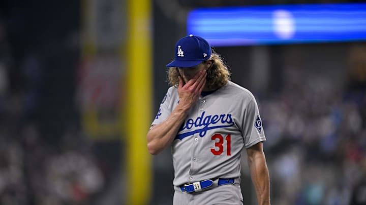 Apr 20, 2025; Arlington, Texas, USA; Los Angeles Dodgers starting pitcher Tyler Glasnow (31) comes off the field during the game between the Texas Rangers and the Los Angeles Dodgers at Globe Life Field. Mandatory Credit: Jerome Miron-Imagn Images