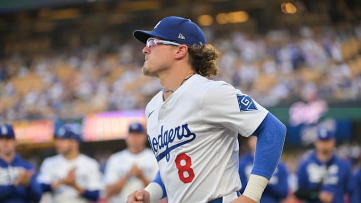 Sep 30, 2025; Los Angeles, California, USA; Los Angeles Dodgers first baseman Enrique Hernandez (8) takes the field before the game against the Cincinnati Reds during game one of the Wildcard round for the 2025 MLB playoffs at Dodger Stadium. Mandatory Credit: Jayne Kamin-Oncea-Imagn Images