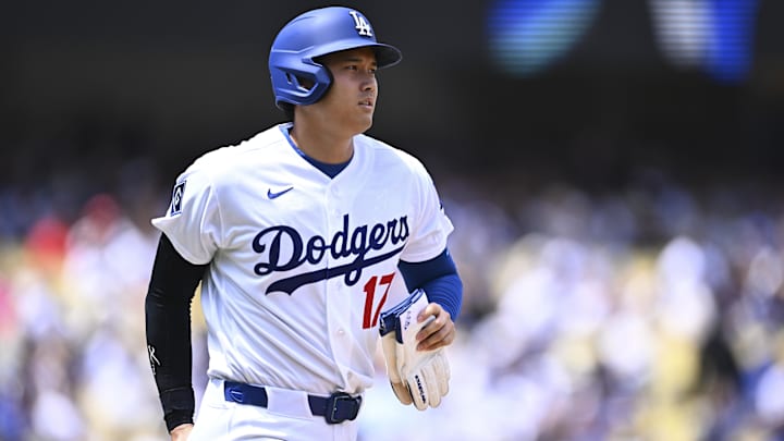 Apr 26, 2026; Los Angeles, California, USA; Los Angeles Dodgers two-way player Shohei Ohtani (17) walks in the first inning against the Chicago Cubs at Dodger Stadium. Mandatory Credit: Jonathan Hui-Imagn Images