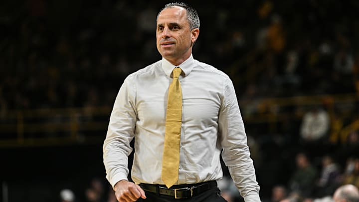 Dec 29, 2025; Iowa City, Iowa, USA; Iowa Hawkeyes head coach Ben McCollum looks on during the game against the UMass Lowell River Hawks at Carver-Hawkeye Arena. Mandatory Credit: Jeffrey Becker-Imagn Images