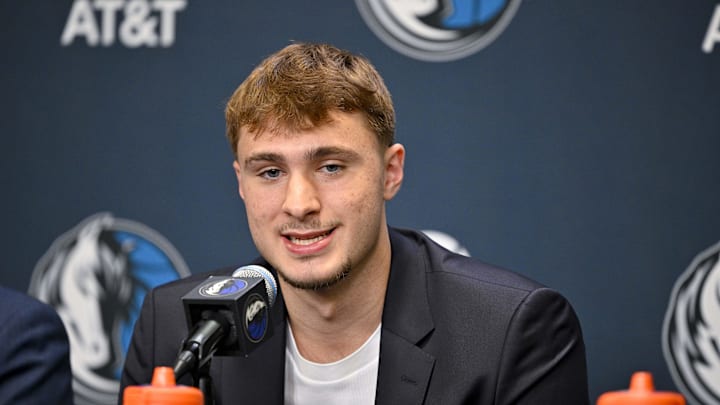 Jun 27, 2025; Dallas, TX, USA; Dallas Mavericks first overall pick Cooper Flagg speaks to the media during a press conference at the Dallas Mavericks Practice Facility. Mandatory Credit: Jerome Miron-Imagn Images