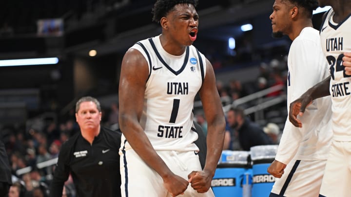 Great Osobor reacts favorably after a play against the TCU  in the first round of the 2024 NCAA Tournament.