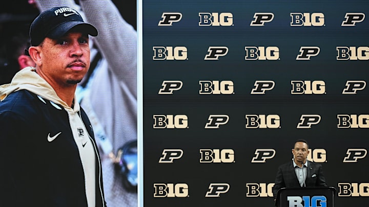 Ryan Walters speaks to the media during the Big 10 football media day in 2024. 