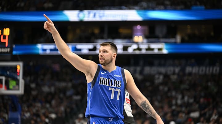 Oct 28, 2024; Dallas, Texas, USA; Dallas Mavericks guard Luka Doncic (77) during the game between the Dallas Mavericks and the Utah Jazz at the American Airlines Center. Mandatory Credit: Jerome Miron-Imagn Images