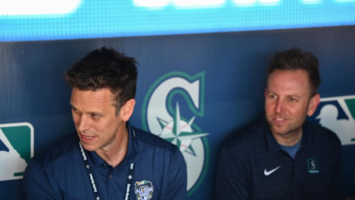 Seattle Mariners president of baseball operations Jerry Dipoto and general manager Justin Hollander talk to the media prior to the game against the Boston Red Sox at T-Mobile Park in 2023.