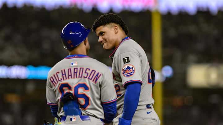 May 16, 2025; Bronx, New York, USA; New York Mets outfielder Juan Soto (22) reacts after walking for the third time in the game during the fifth inning against the New York Yankees at Yankee Stadium. Mandatory Credit: John Jones-Imagn Images