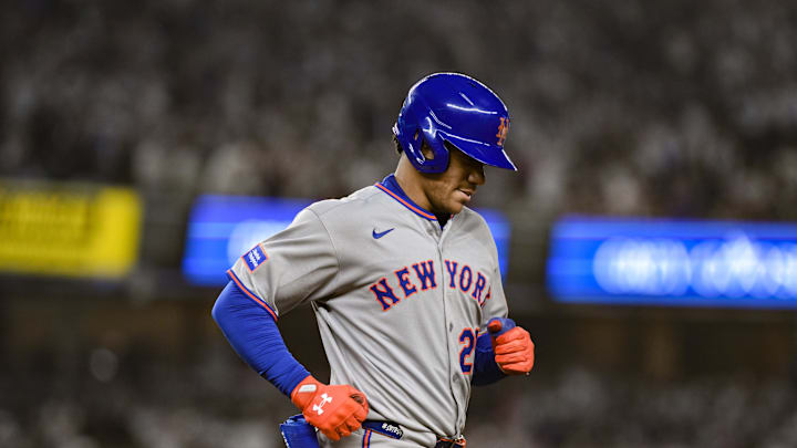 May 16, 2025; Bronx, New York, USA; New York Mets outfielder Juan Soto (22) reacts after grounding out against the New York Yankees during the seventh inning at Yankee Stadium. Mandatory Credit: John Jones-Imagn Images