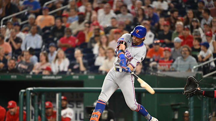 Aug 20, 2025; Washington, District of Columbia, USA; New York Mets second baseman Jeff McNeil (1) hits a double against the Washington Nationals during the sixth inning at Nationals Park. Mandatory Credit: Rafael Suanes-Imagn Images Aug 20, 2025; Washington, District of Columbia, USA; New York Mets second baseman Jeff McNeil (1) hits a double against the Washington Nationals during the sixth inning at Nationals Park. Mandatory Credit: Rafael Suanes-Imagn Images