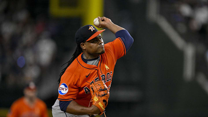 Sep 7, 2025; Arlington, Texas, USA; Houston Astros starting pitcher Framber Valdez (59) throws the ball during the game between the Texas Rangers and the Houston Astros at Globe Life Field. Mandatory Credit: Jerome Miron-Imagn Images