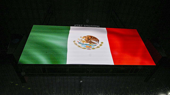 Jul 8, 2023; Arlington, Texas, USA; A view of the flag of Mexico on the scoreboard. Mandatory Credit: Jerome Miron-Imagn Images