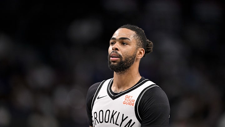 Mar 31, 2025; Dallas, Texas, USA; Brooklyn Nets guard D'Angelo Russell (1) during the game between the Dallas Mavericks and the Brooklyn Nets at the American Airlines Center. Mandatory Credit: Jerome Miron-Imagn Images Mar 31, 2025; Dallas, Texas, USA; Brooklyn Nets guard D'Angelo Russell (1) during the game between the Dallas Mavericks and the Brooklyn Nets at the American Airlines Center. Mandatory Credit: Jerome Miron-Imagn Images
