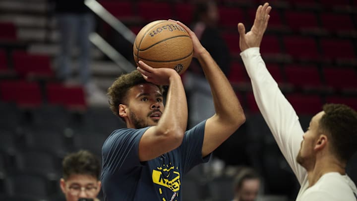 Oct 31, 2025; Portland, Oregon, USA; Denver Nuggets forward Cameron Johnson (23) warms up before a game against the Portland Trail Blazers at Moda Center. Mandatory Credit: Troy Wayrynen-Imagn Images