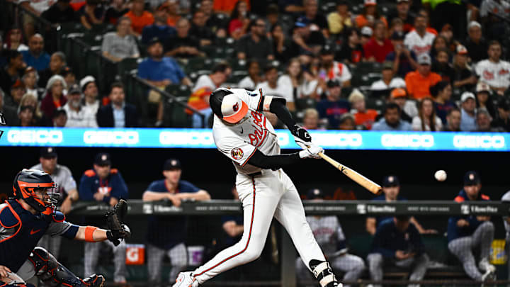 Aug 21, 2025; Baltimore, Maryland, USA;  Baltimore Orioles first baseman Coby Mayo (16) singles during the sixth inning against the Houston Astros at Oriole Park at Camden Yards. Mandatory Credit: James A. Pittman-Imagn Images