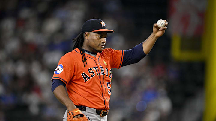 Sep 7, 2025; Arlington, Texas, USA; Houston Astros starting pitcher Framber Valdez (59) motions for a new ball during the sixth inning against the Texas Rangers at Globe Life Field. Mandatory Credit: Jerome Miron-Imagn Images Sep 7, 2025; Arlington, Texas, USA; Houston Astros starting pitcher Framber Valdez (59) motions for a new ball during the sixth inning against the Texas Rangers at Globe Life Field. Mandatory Credit: Jerome Miron-Imagn Images