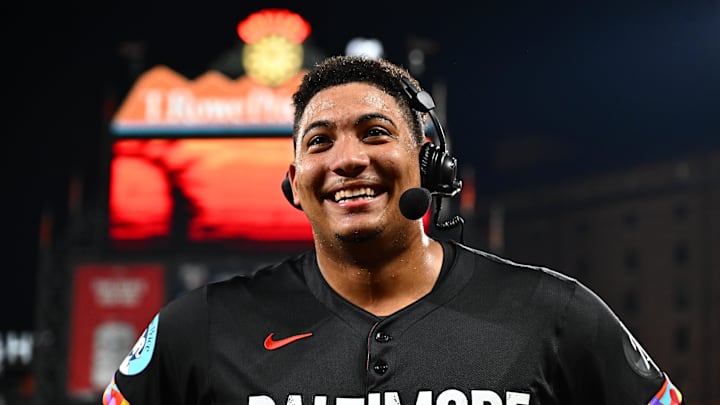 Sep 5, 2025; Baltimore, Maryland, USA;  Baltimore Orioles catcher Samuel Basallo (29) is interviewed after hitting a walk off home run during the ninth inning against the Los Angeles Dodgers at Oriole Park at Camden Yards. Mandatory Credit: James A. Pittman-Imagn Images